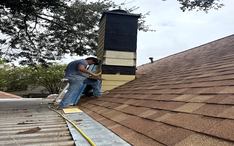 Worker carrying out exterior roofline work near a chimney